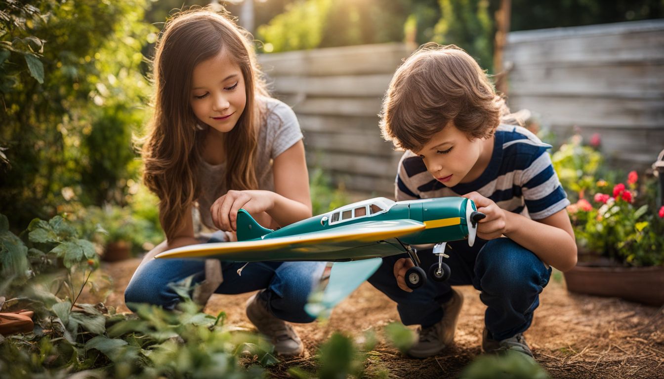 Two step-siblings building a model airplane in a garden.
