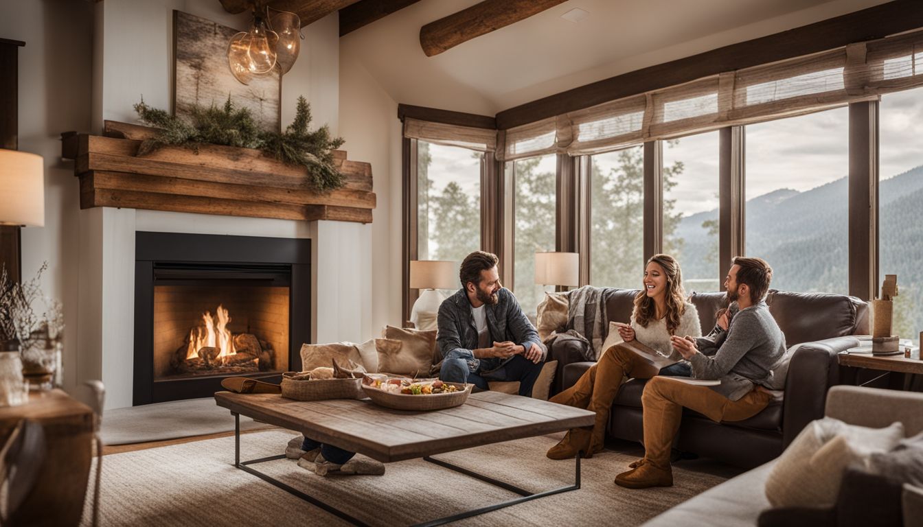 A family having a heartfelt conversation around a cozy living room fireplace.