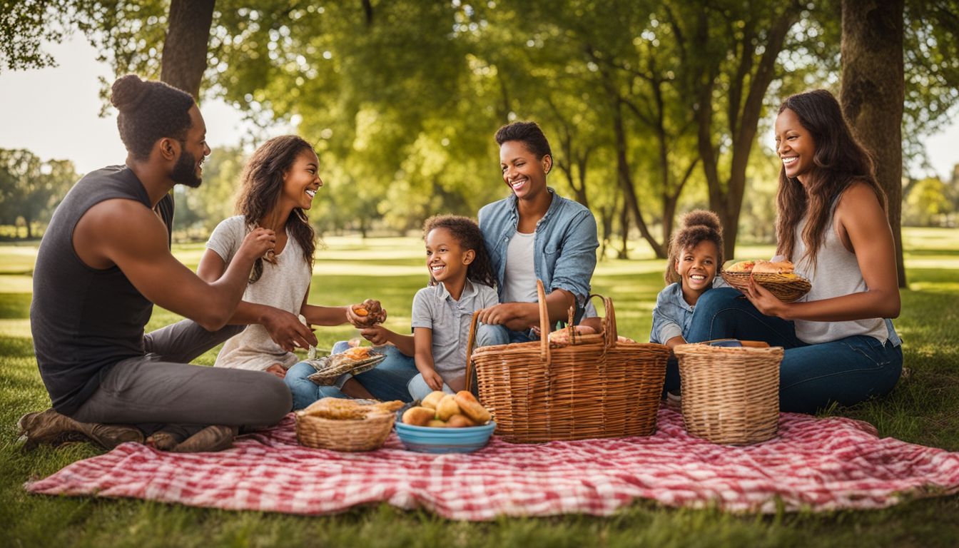 A diverse blended family enjoys a picnic in a beautiful park.