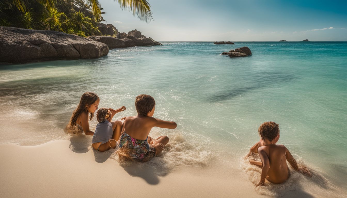 A vibrant beach scene with clear waters, families, and palm trees.