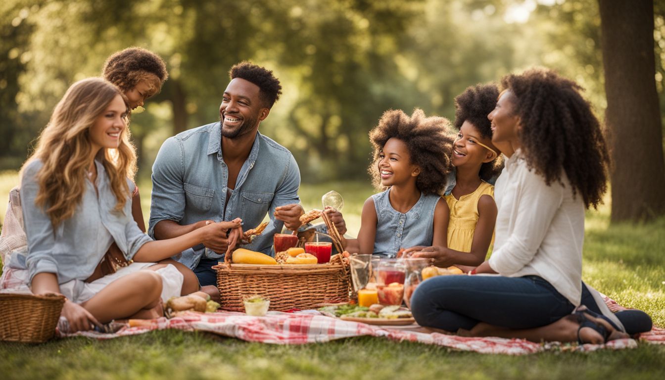 A blended family enjoying a picnic in a park.
