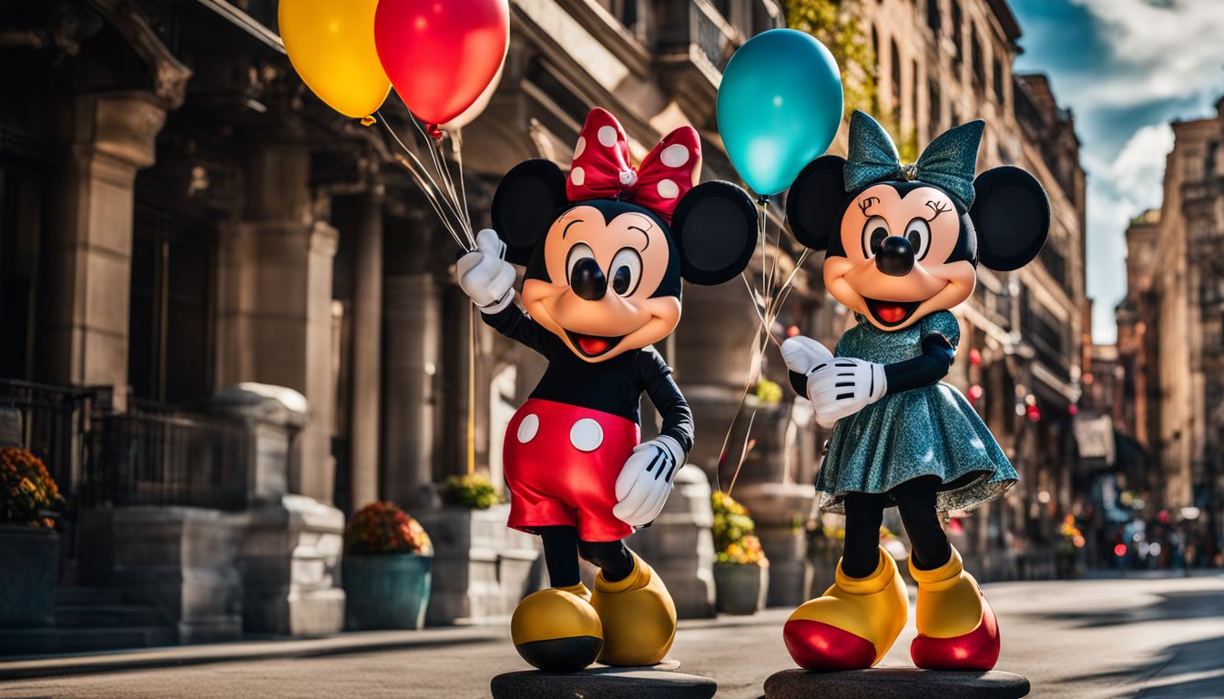 Statues of Mickey and Minnie Mouse surrounded by colorful balloons.