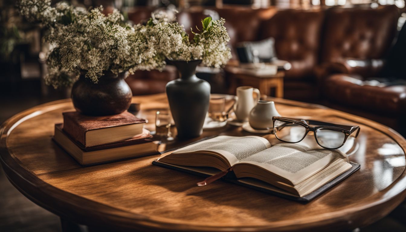 A table with an open book in a bustling, well-lit room.