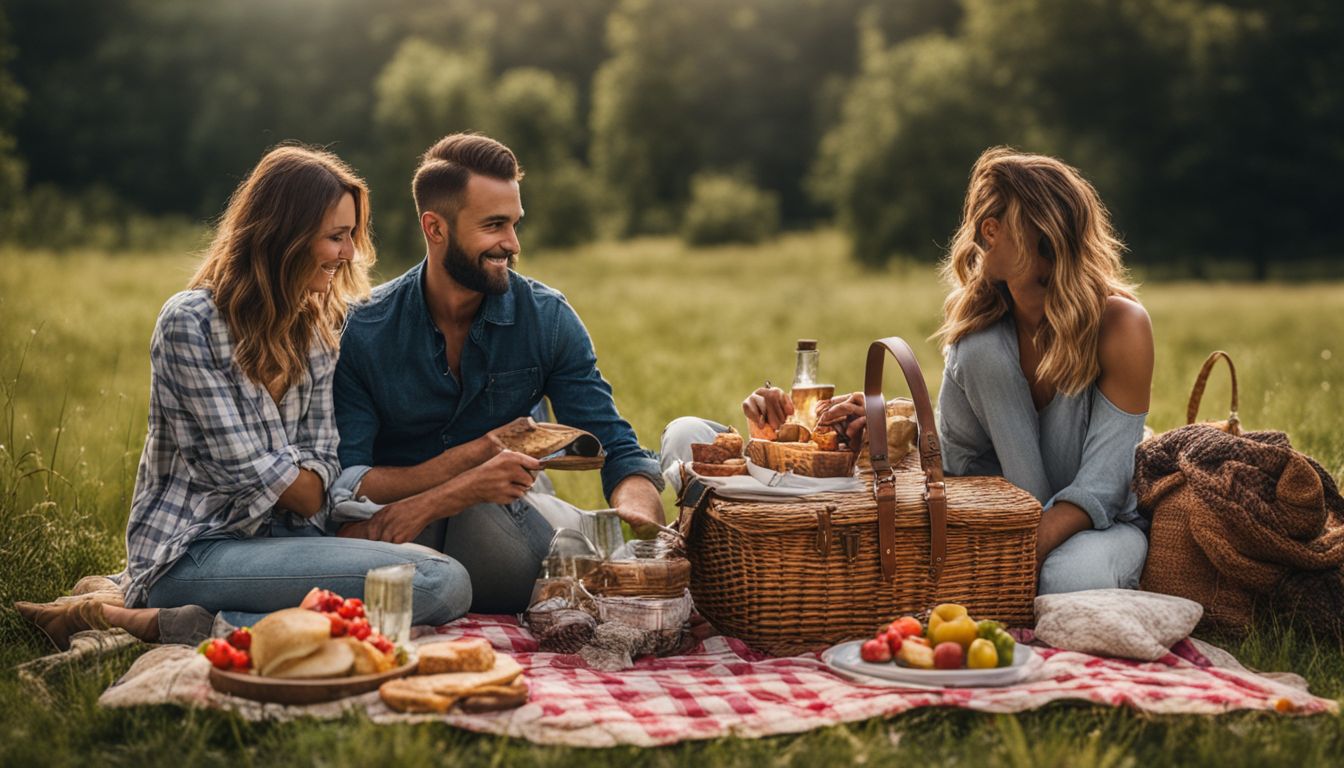 A picnic spread in a peaceful meadow with a bustling atmosphere.