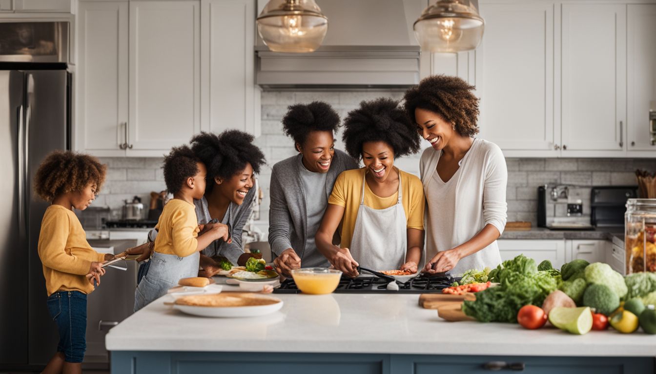 A diverse family cooking together in a vibrant, well-organized kitchen.