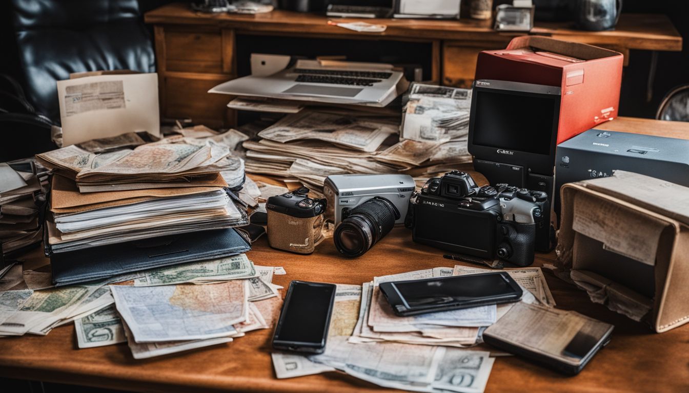 A cluttered desk with bills, household items, and busy atmosphere.