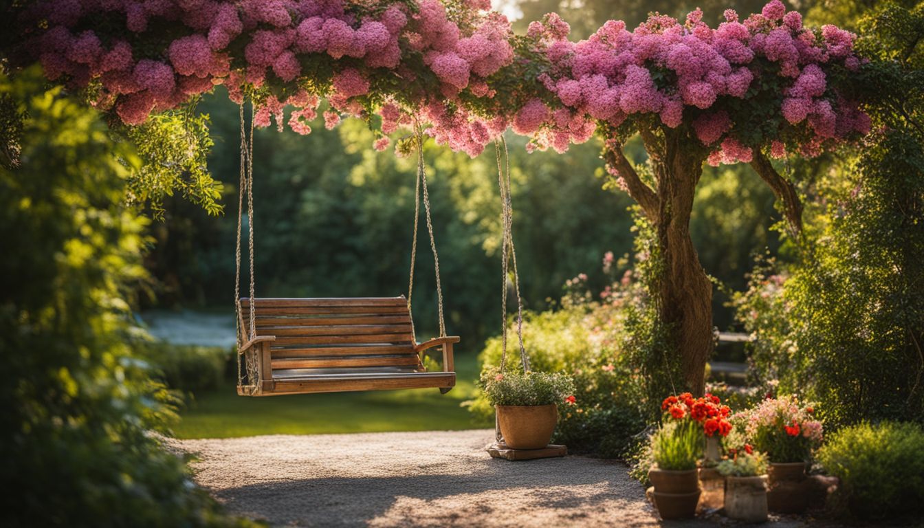 A peaceful garden with blooming flowers and an empty swing.