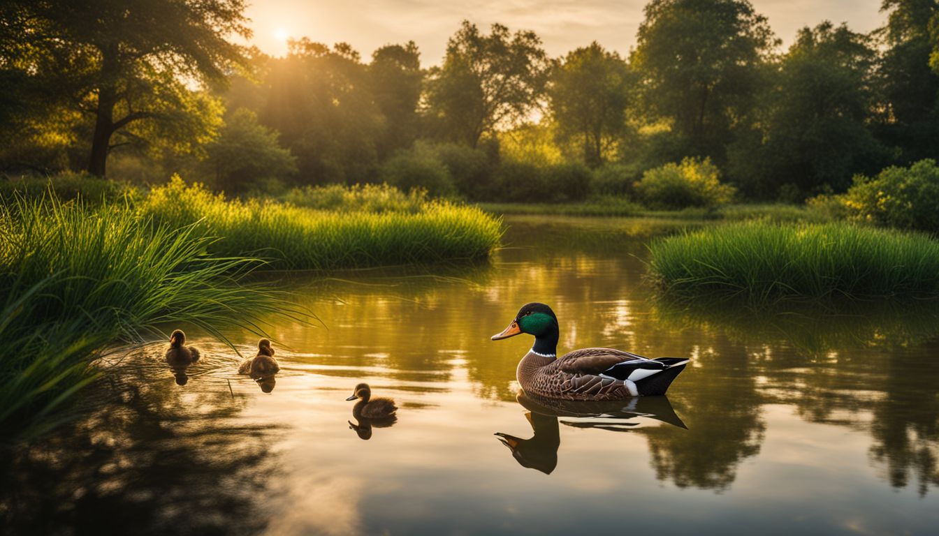 A peaceful family of ducks swimming in a serene pond surrounded by lush greenery.