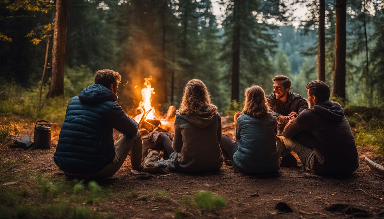 A family enjoying a campfire in the woods.